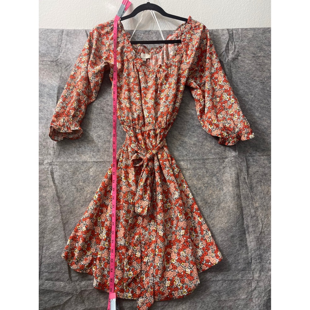 LOFT Outlet Orange Red Floral Long Sleeve Mini Dress Belted Size 2 - Picture 11 of 15